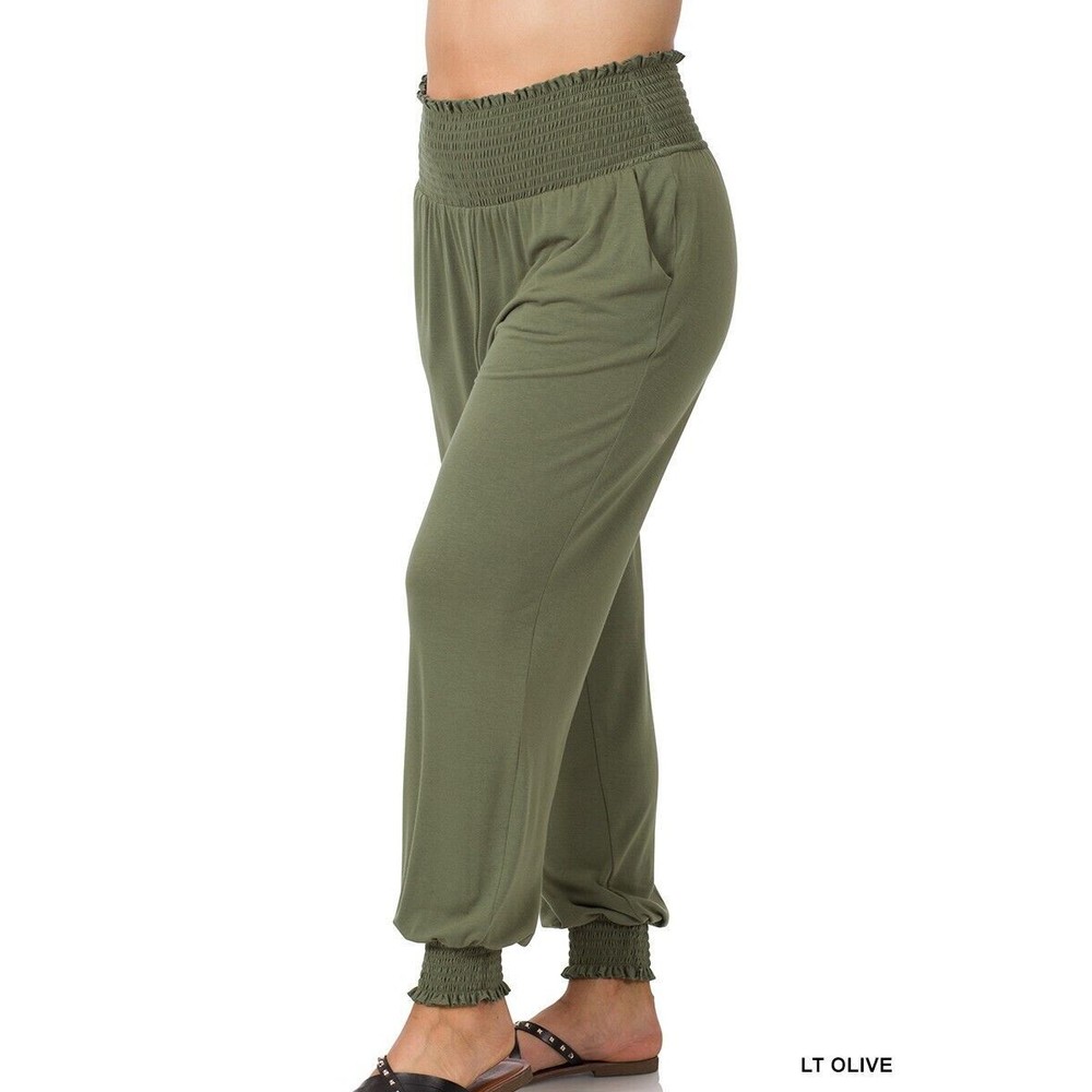 Zenana Plus Size Pants Womens Joggers Lounge Shirred Waist Light Olive 1X 2X 3X